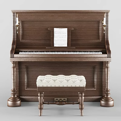 Vintage Wooden Piano With Sheet Music And Tufted Bench Musical Instruments 3d model