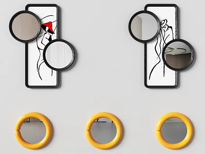 Decorative Wall Mirrors with Black Frames Artistic Silhouettes and Yellow Circular Accents 3d model