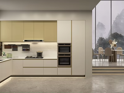 Modern Kitchen Interior Design With Light Cabinets Double Ovens Cooktop And Scenic Dining Area 3d model