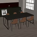 Modern Black Dining Table Set With Six Rattan Chairs Metal Legs And Kitchen Area