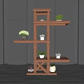 Multi Tiered Wooden Plant Stand With Bonsai Potted Plants And Dark Wall