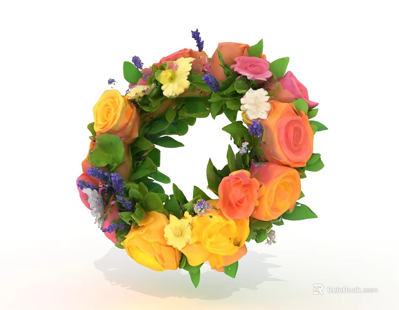 Colorful Circular Flower Wreath With Yellow Pink Orange Roses And Green Leaves Purple Small Flowers 3d model 