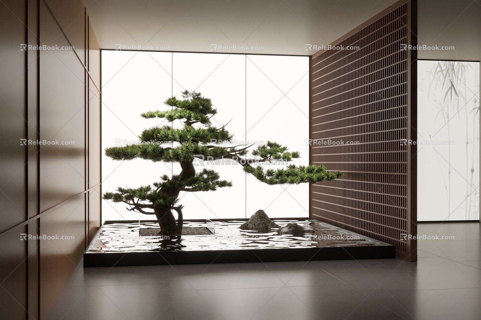 New interior landscape landscaping courtyard sketch pine plant combination stone background wall landscape stone 3d model