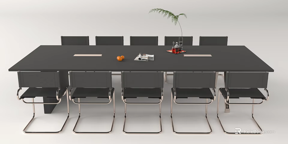 Modern Black Conference Table With Chairs Potted Plant And Orange Fruit 3d model 