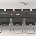 Modern Black Conference Table With Chairs Potted Plant And Orange Fruit