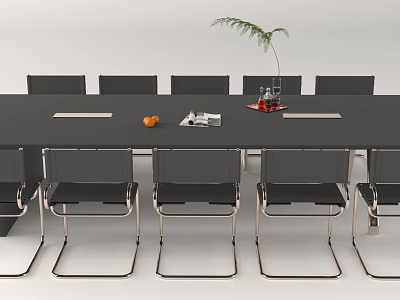 Modern Black Conference Table With Chairs Potted Plant And Orange Fruit 3d model