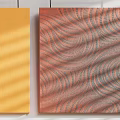 Two Abstract Paintings Hanging on Wall Orange Yellow Split Block Brown Wavy Lines Light Shadow 3d model