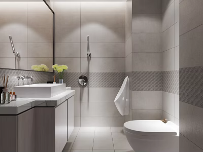 Modern Bathroom Interior With White Sink Large Mirror Toilet Tile Walls And Soft Lighting 3d model