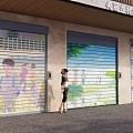 Beautiful Countryside Renovation Building With Colorful Mural Roller Shutter Doors And Person