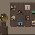 Vintage Gramophone And Vinyl Records Displayed On Wooden Shelf Unit In Room