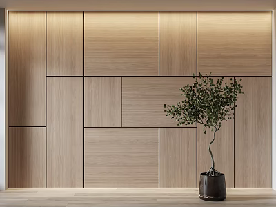 Modern Wooden Panel Wall Interior Design With Potted Green Plant And Natural Elements 3d model