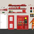 Fire Fighting Equipment Display With Cabinets Extinguishers Helmets and Suit 3d model