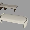 Two modern upholstered benches with light colored fabric curved arms and simple backrest designs