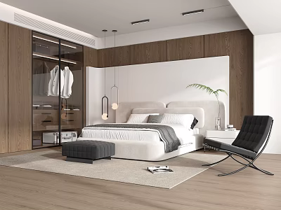 Minimalist Modern Bedroom Interior Design With Wooden Walls Large Bed Wardrobe Chair Plant And Rug 3d model