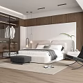 Minimalist Modern Bedroom Interior Design With Wooden Walls Large Bed Wardrobe Chair Plant And Rug