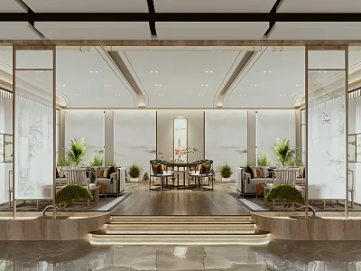 Modern Hotel Public Lounge Area With Comfortable Sofas Green Plants And Stylish Lighting 3d model
