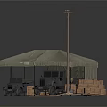 Modern Military Tent Shelter With Cargo Trucks And Wooden Crates