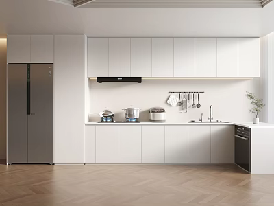 Modern Kitchen Interior Featuring White Cabinets Stainless Steel Appliances And Herringbone Wooden Floor 3d model