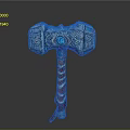Ornate Fantasy Hammer With Blue Head Red And White Striped Handle And Intricate Patterns