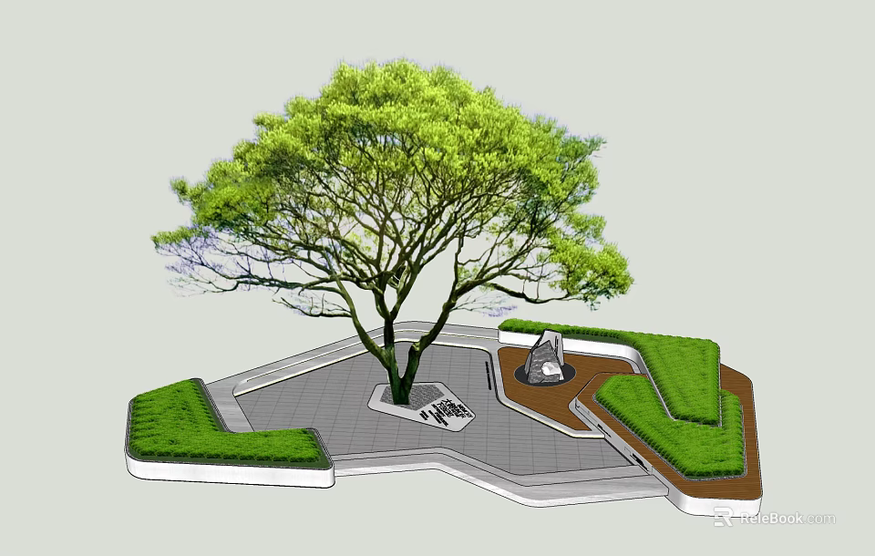 Modern Outdoor Landscape Seats With Large Tree Green Lawn And Paved Ground 3d model 