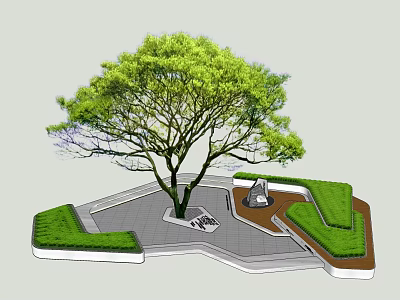 Modern Outdoor Landscape Seats With Large Tree Green Lawn And Paved Ground 3d model