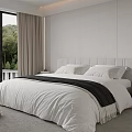 Modern Minimalist Bedroom With White Bed Window View Trees And Chair
