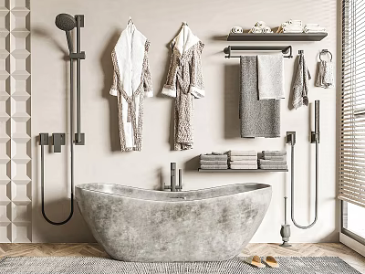 Concrete Bathtub In Modern Bathroom With Hanging Bathrobes Towels And Shower Fixtures 3d model