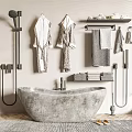 Concrete Bathtub In Modern Bathroom With Hanging Bathrobes Towels And Shower Fixtures