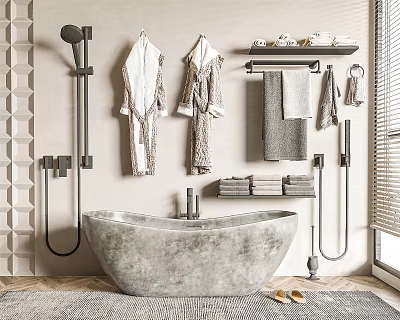 Concrete Bathtub In Modern Bathroom With Hanging Bathrobes Towels And Shower Fixtures 3d model