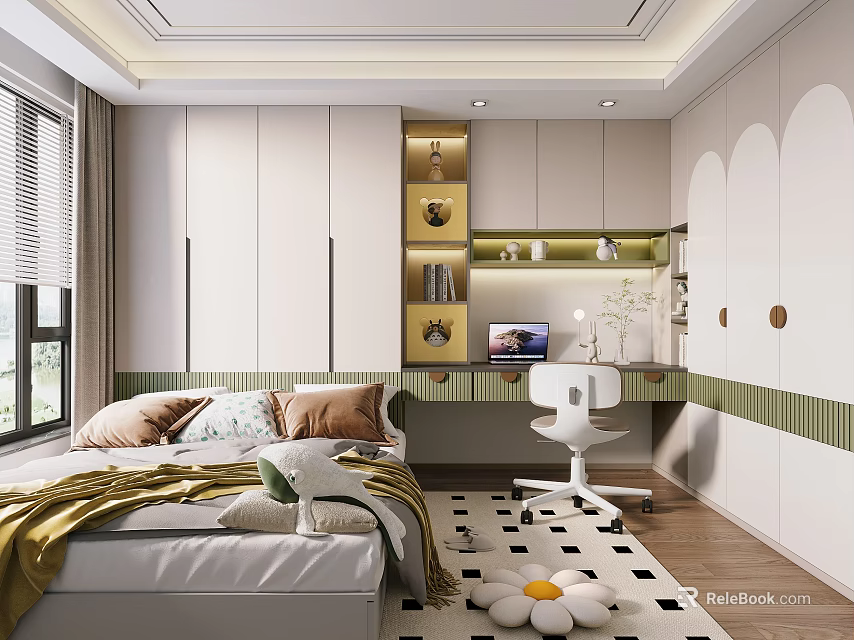 Bright Kids Room Interior With White Green Striped Walls Bed Desk Chair And Flower Rug 3d model 