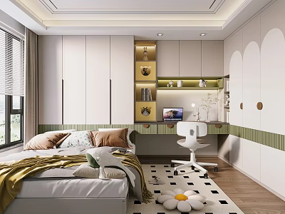Bright Kids Room Interior With White Green Striped Walls Bed Desk Chair And Flower Rug 3d model