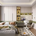 Bright Kids Room Interior With White Green Striped Walls Bed Desk Chair And Flower Rug