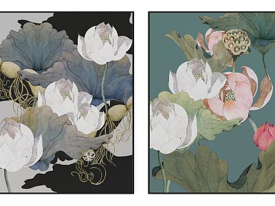 Lotus Botanical Paintings Featuring White Pink Flowers Leaves And Seed Pods On Dark Teal Backgrounds 3d model