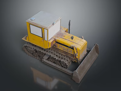 Yellow Bulldozer Model With Tracks Cab Blade And Worn Texture On Gray Background 3d model