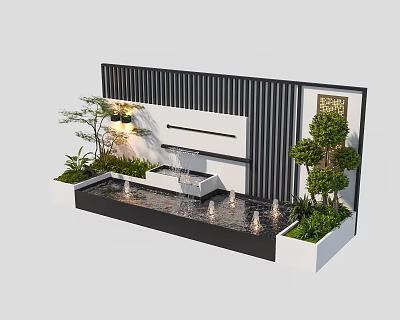 Modern Water Fountain Garden Design With Slatted Wall Plants And Lighting 3d model