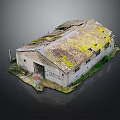 Cartoon Scene Featuring Old Barn Model With Mossy Roof Wooden Door Windows And Grass