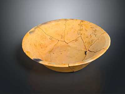 Yellowish Clay Carved Pottery Bowl With Surface Cracks And Intricate Patterns 3d model