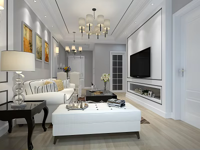 Modern TV Stand In Living Room With Flat Screen TV And Decorative Paintings 3d model