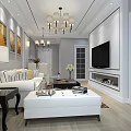 Modern TV Stand In Living Room With Flat Screen TV And Decorative Paintings