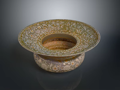 Intricate Bowl Shaped Sculpture Carving With Gold And White Patterns And Circular Base 3d model