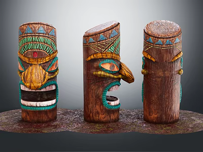 Decorative Wooden Columns With Intricate Carved Faces And Vibrant Colorful Patterns 3d model