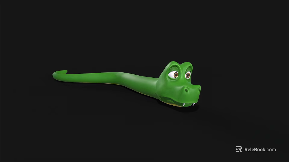 Cartoon Green Snake with Big Eyes Long Body Yellow Mouth White Teeth on Black Background 3d model 