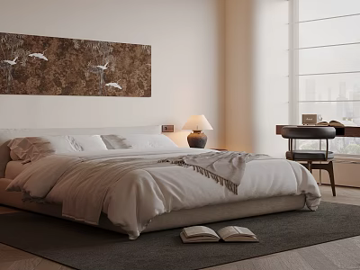 Modern Bedroom Interior Design With White Bedding Table Lamp And Wall Art 3d model