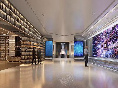 Tech Library Exhibition Hall with Bookshelves Large Screens and People 3d model