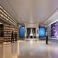 Tech Library Exhibition Hall with Bookshelves Large Screens and People