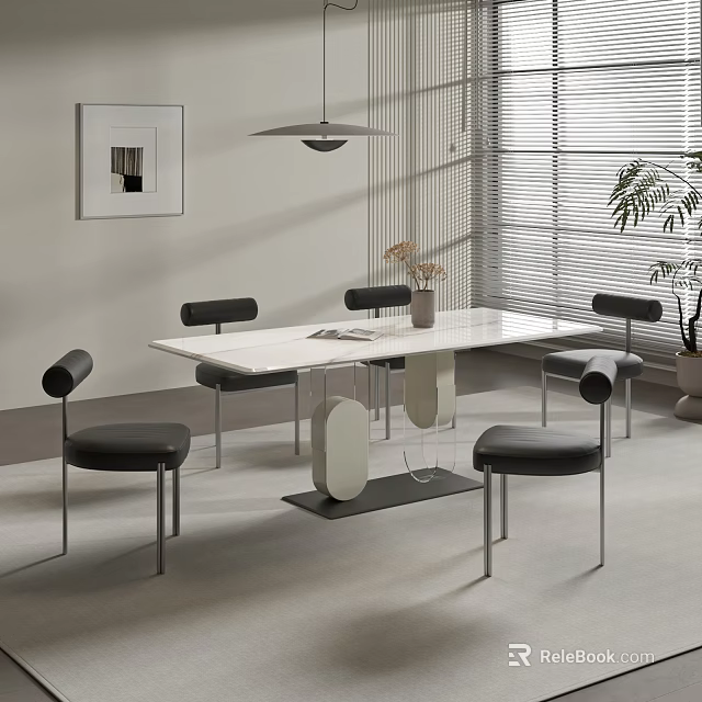 Modern Minimalist Dining Table Set with White Top Black Chairs Metal Legs Vase Window Blinds 3d model 