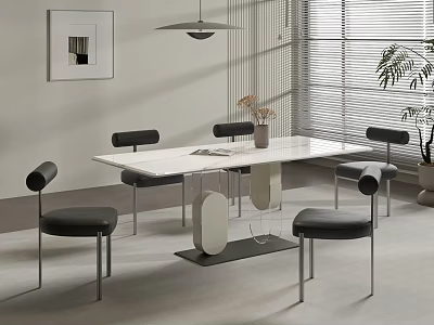 Modern Minimalist Dining Table Set with White Top Black Chairs Metal Legs Vase Window Blinds 3d model