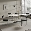 Modern Minimalist Dining Table Set with White Top Black Chairs Metal Legs Vase Window Blinds