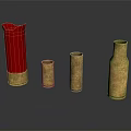 Weapon Bullet Casings in Golden and Red with Various Sizes on Reflective Surface
