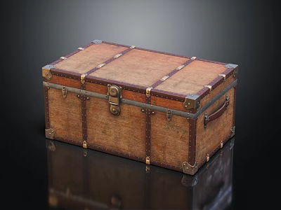 Vintage Brown Wooden Trunk With Brass Lock Metal Straps And Handles 3d model